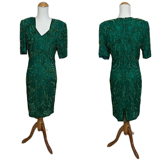 Vtg 80s Floral Sequined Dress Short Sleeve Green - Picture 1 of 8